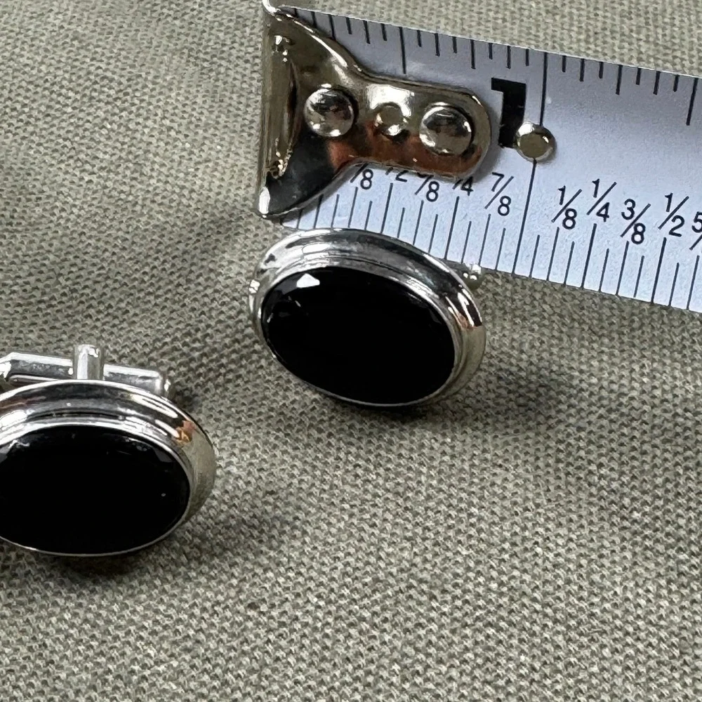 VTG Silver Tone Black Onyx Oval Cabochon Toggle Back Cufflinks Father Dad MCM